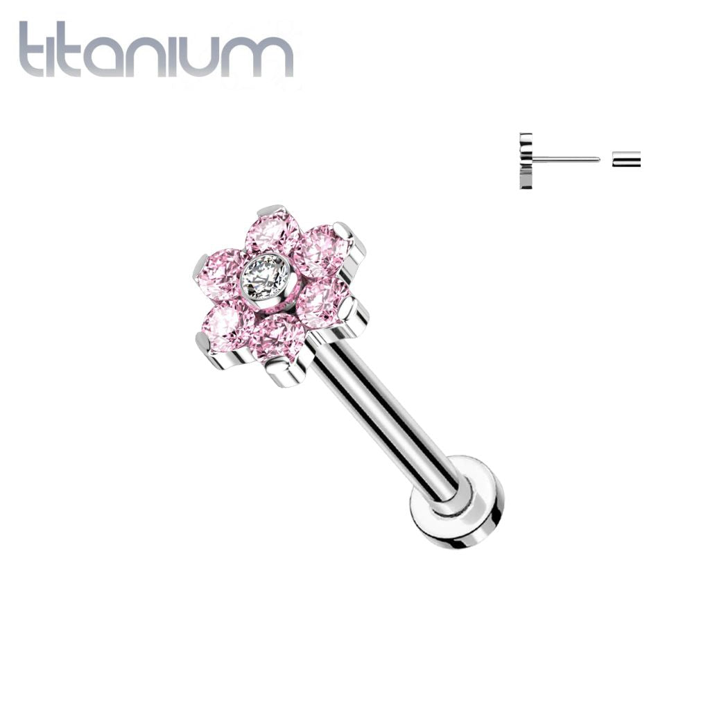 Implant Grade Titanium Threadless Push In Tragus/Cartilage Pink CZ Flower With Flat Back