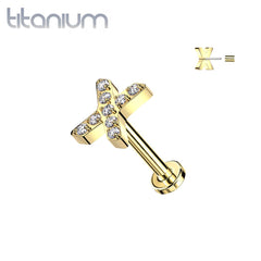 Implant Grade Titanium Gold PVD White CZ Pave "X" Threadless Push In Labret