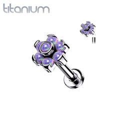 Implant Grade Titanium Purple Opal Flower Internally Threaded Flat Back Labret