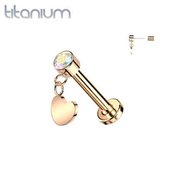 Implant Grade Titanium Rose Gold PVD AB CZ Heart Dangle Threadless Push In Labret