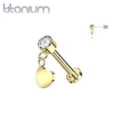 Implant Grade Titanium Gold PVD White CZ Heart Dangle Threadless Push In Labret