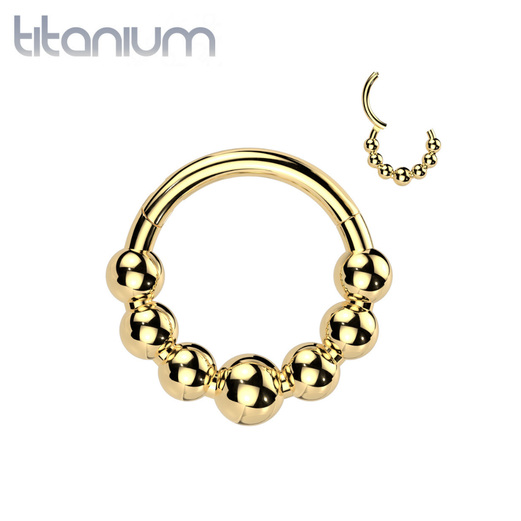 Implant Grade Titanium Gold PVD 7 Bead Hinged Clicker Hoop