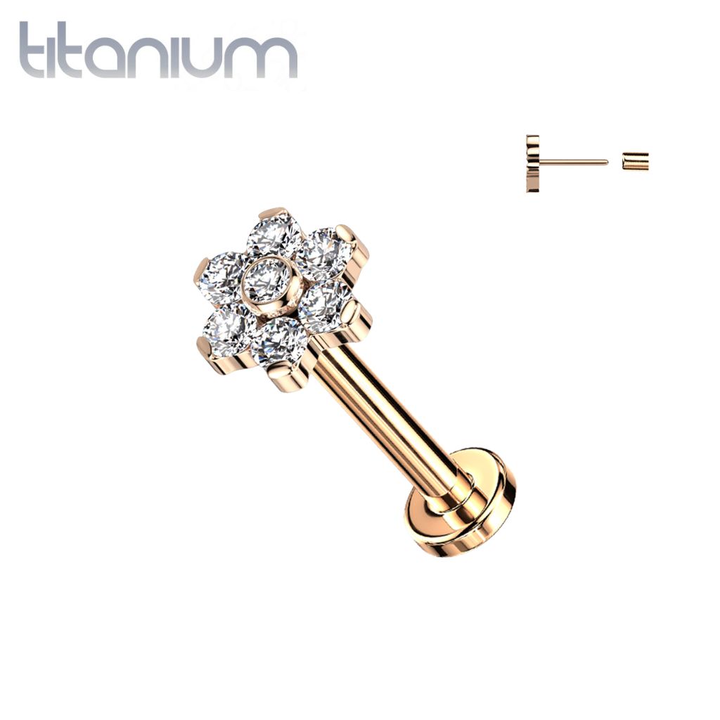 Implant Grade Titanium Threadless Rose Gold PVD Push In Tragus/Cartilage White CZ Flower With Flat Back