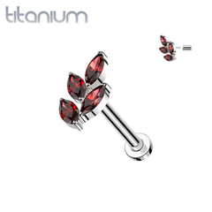 Implant Grade Titanium Large Red CZ Marquise Leaf Threadless Push In Labret