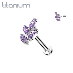 Implant Grade Titanium Large Purple CZ Marquise Leaf Threadless Push In Labret