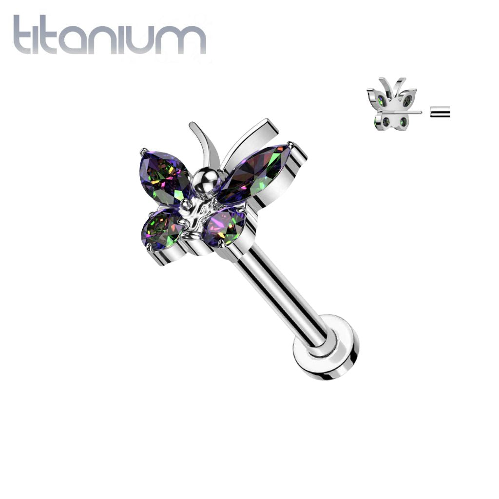 Implant Grade Titanium Large Vitrail Medium CZ Gem Butterfly Threadless Push In Labret