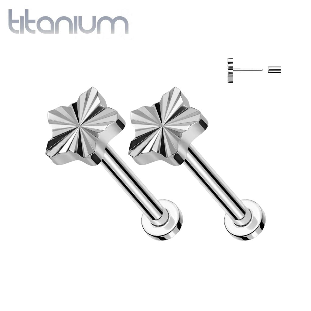 Pair of Implant Grade Titanium Dainty Ridged Star Threadless Push In Earrings With Flat Back