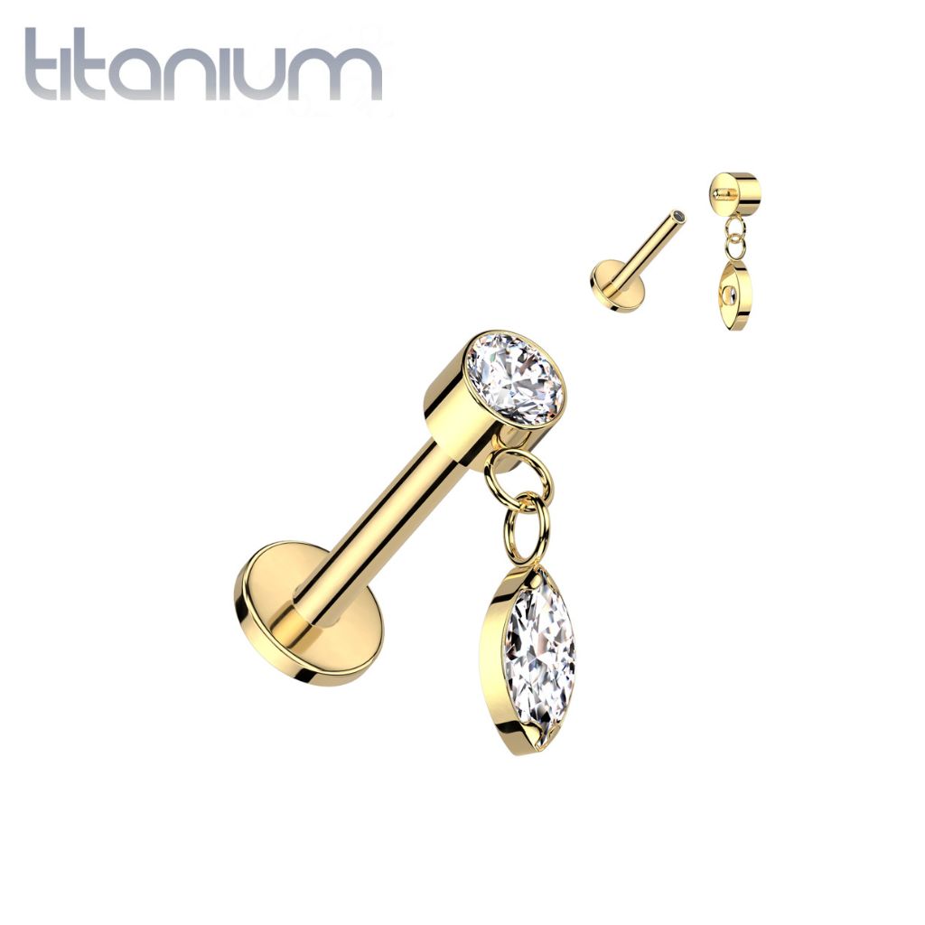 Implant Grade Titanium Gold PVD White CZ Marquise Gem Dangle Flat Back Labret