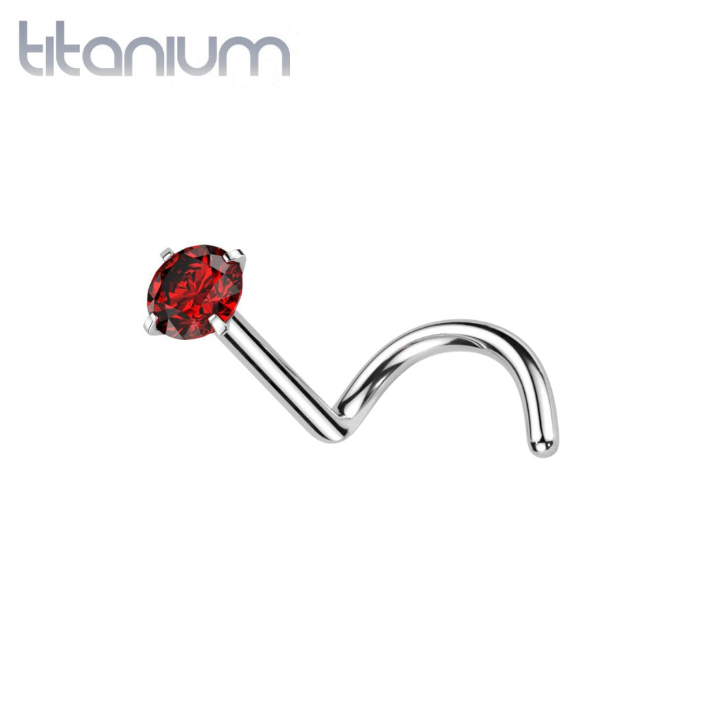 Implant Grade Titanium Corkscrew Nose Ring Stud Red CZ With Prong