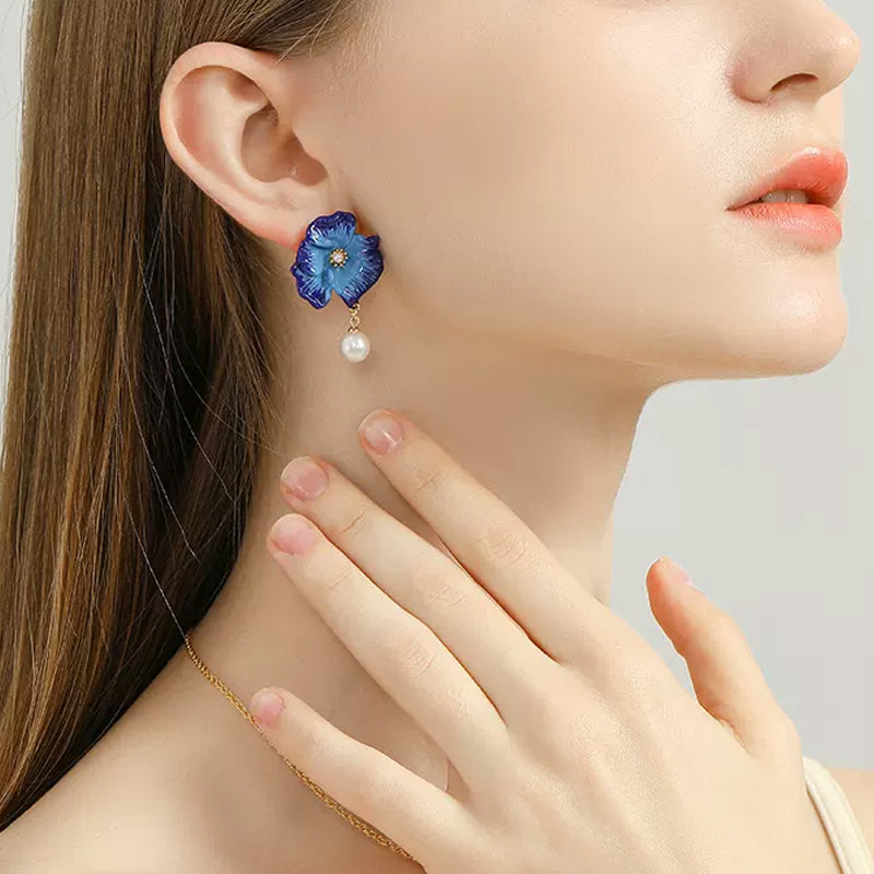 18k Blue Flower Enamel Pearl Stud Earrings