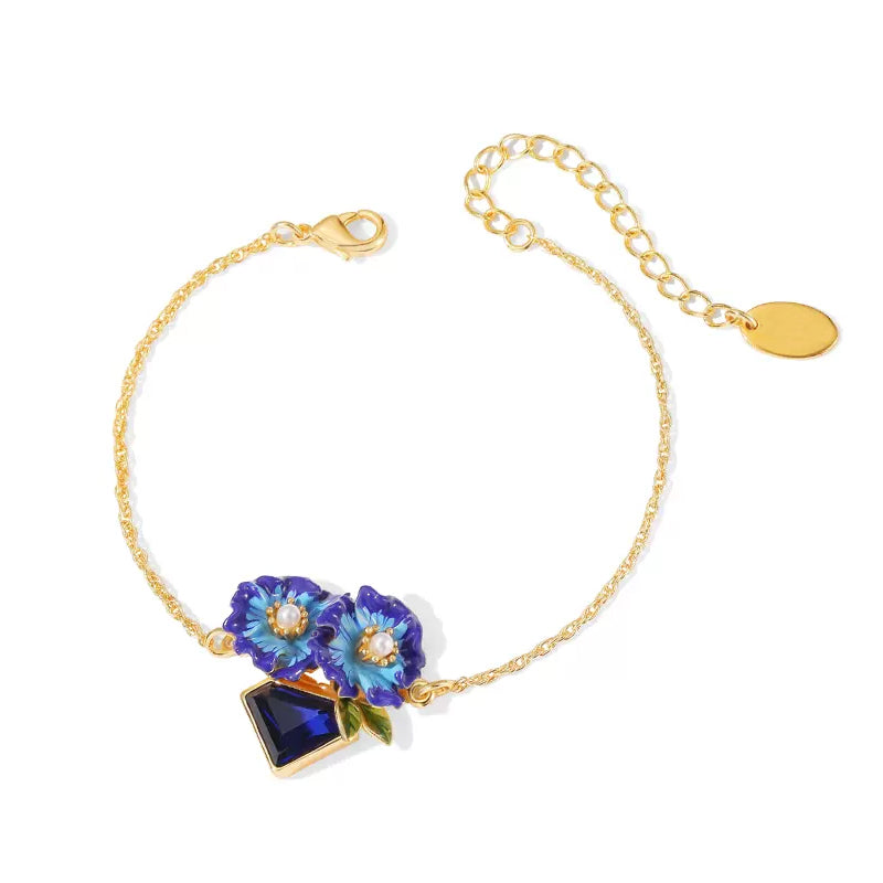 18K Blue Flower Temperament Enamel Bracelet - Jeweled
