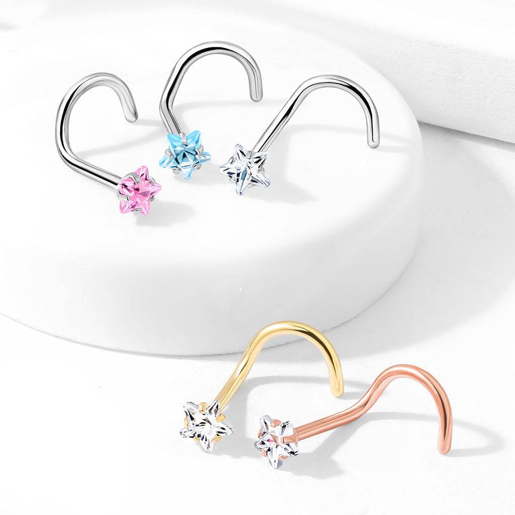 316L Surgical Steel Aqua CZ Star Corkscrew Nose Ring Stud