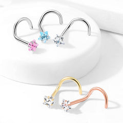 316L Surgical Steel Aqua CZ Star Corkscrew Nose Ring Stud