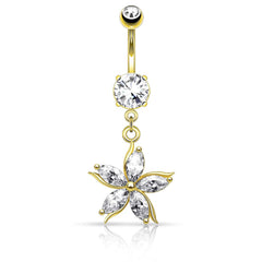 316L Surgical Steel Dangling CZ Gem Star Flower Belly Ring