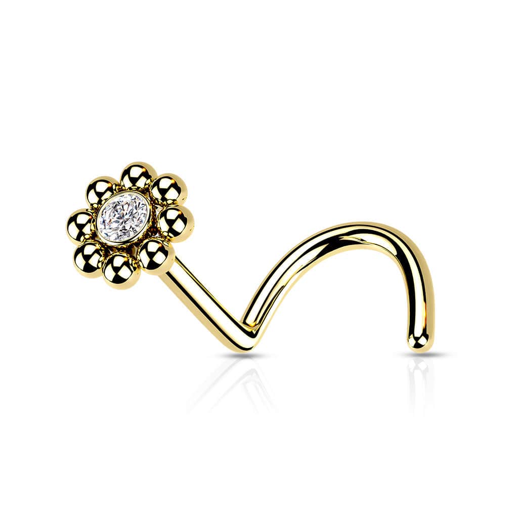 316L Surgical Steel Gold PVD Ball White CZ Gem Flower Corkscrew Nose Ring Stud