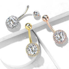 316L Surgical Steel Gold PVD Circle Pave White CZ Belly Ring