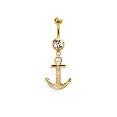 316L Surgical Steel Gold PVD CZ Anchor Dangle Belly Ring