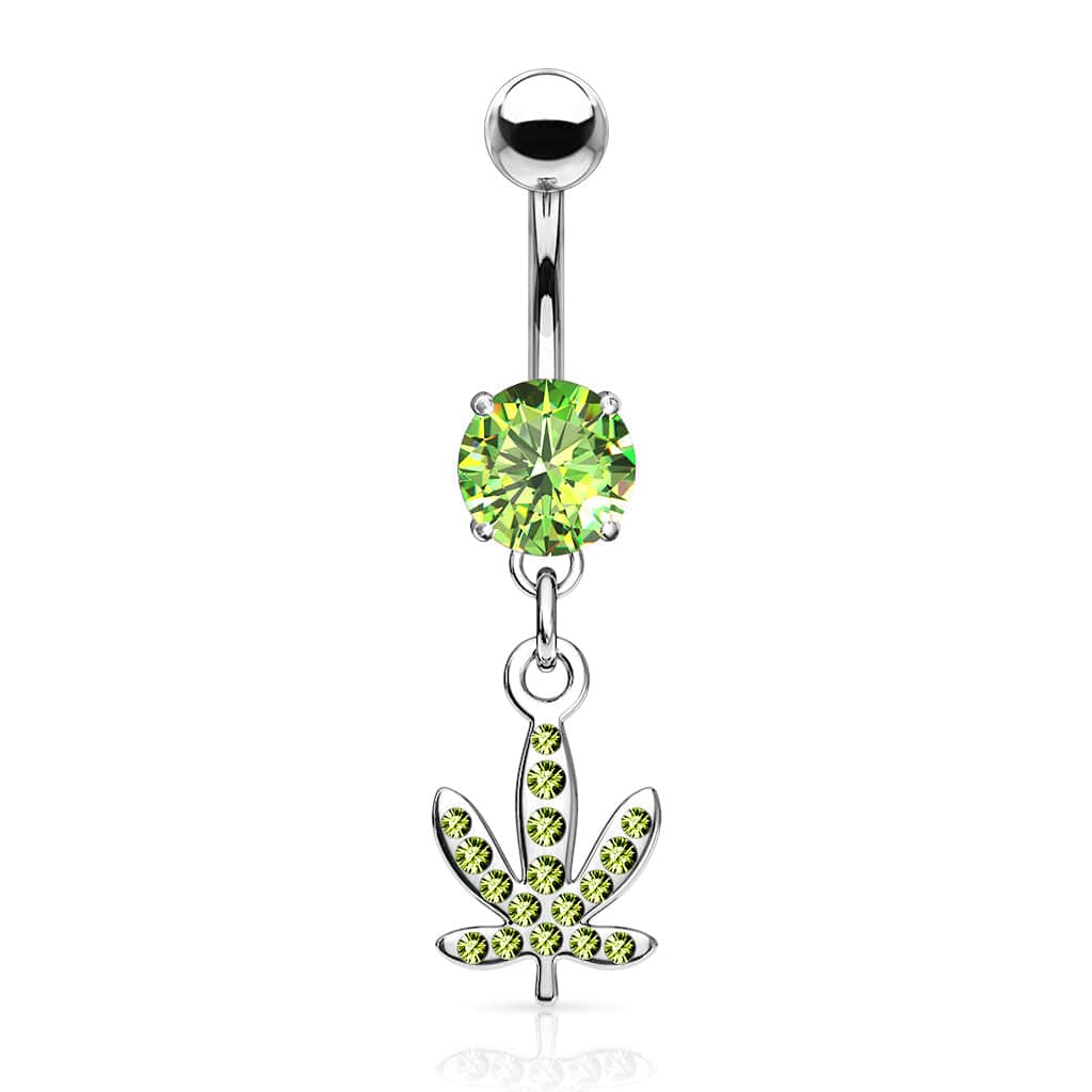 316L Surgical Steel Green CZ Weed Leaf Dangle Belly Ring