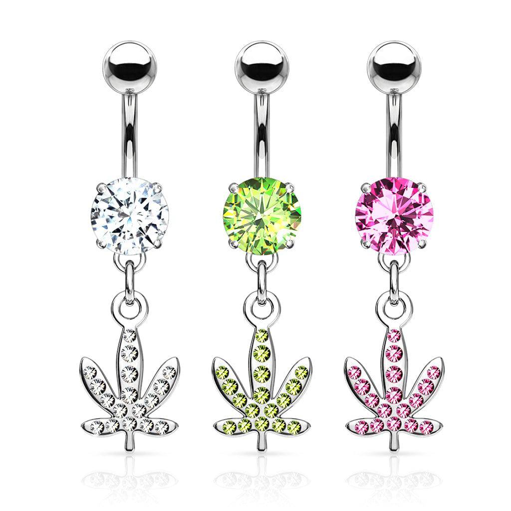 316L Surgical Steel Green CZ Weed Leaf Dangle Belly Ring