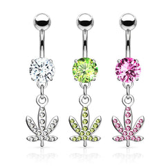 316L Surgical Steel Green CZ Weed Leaf Dangle Belly Ring