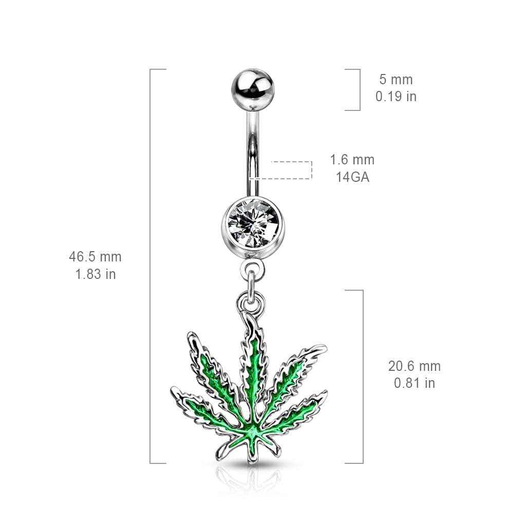 316L Surgical Steel Green PVD Weed Leaf Dangle Belly Ring