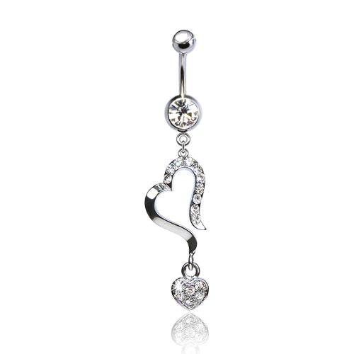 316L Surgical Steel Half Diamond CZ Heart Dangle Belly Ring