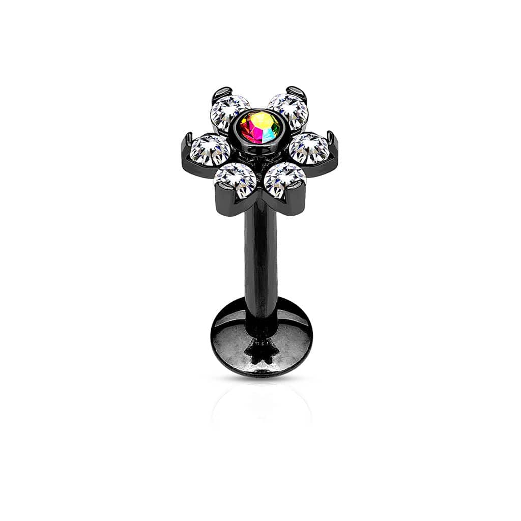 316L Surgical Steel Internally Threaded 6 Gem Flat Back CZ Flower Labret