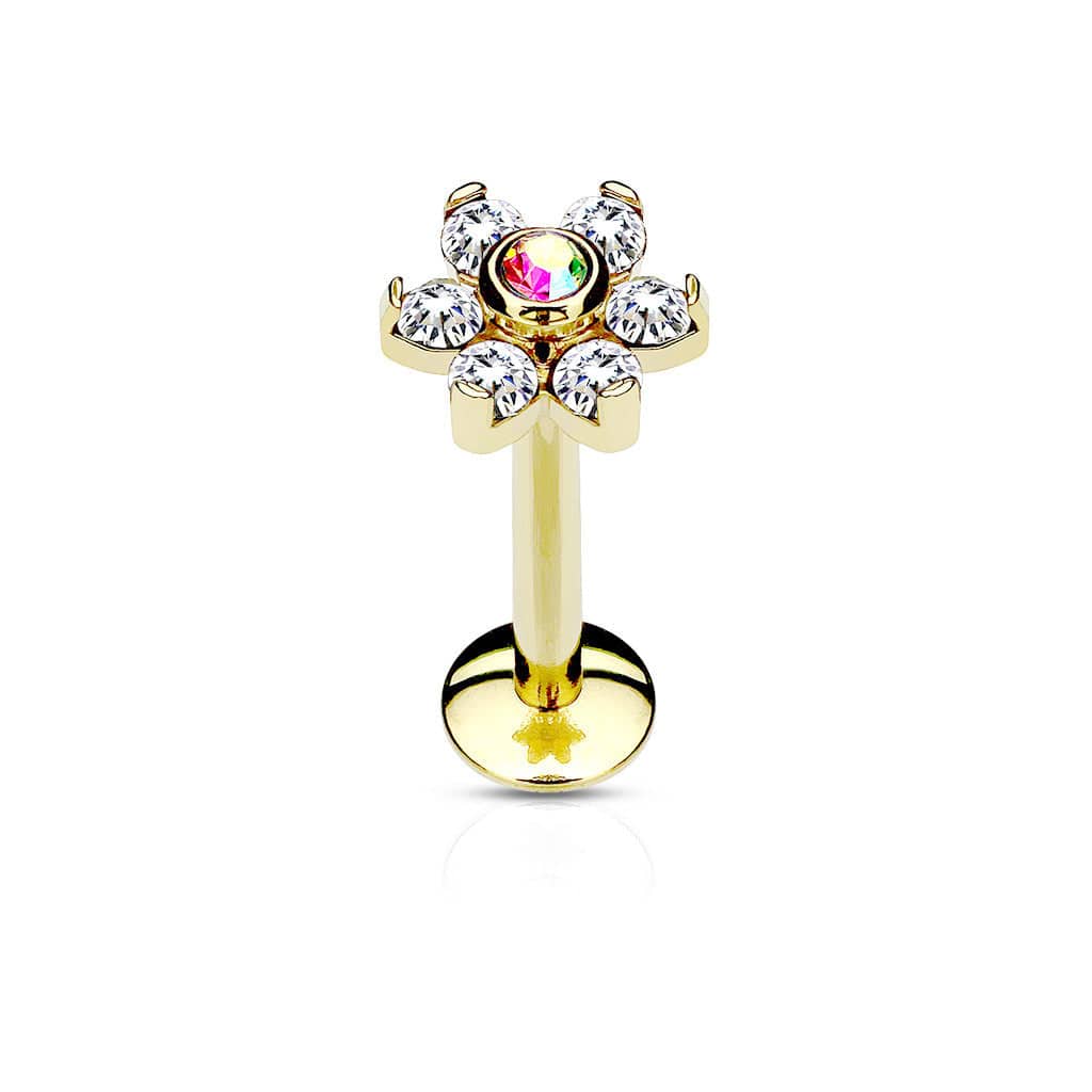 316L Surgical Steel Internally Threaded 6 Gem Flat Back CZ Flower Labret