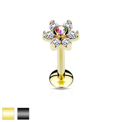 316L Surgical Steel Internally Threaded 6 Gem Flat Back CZ Flower Labret