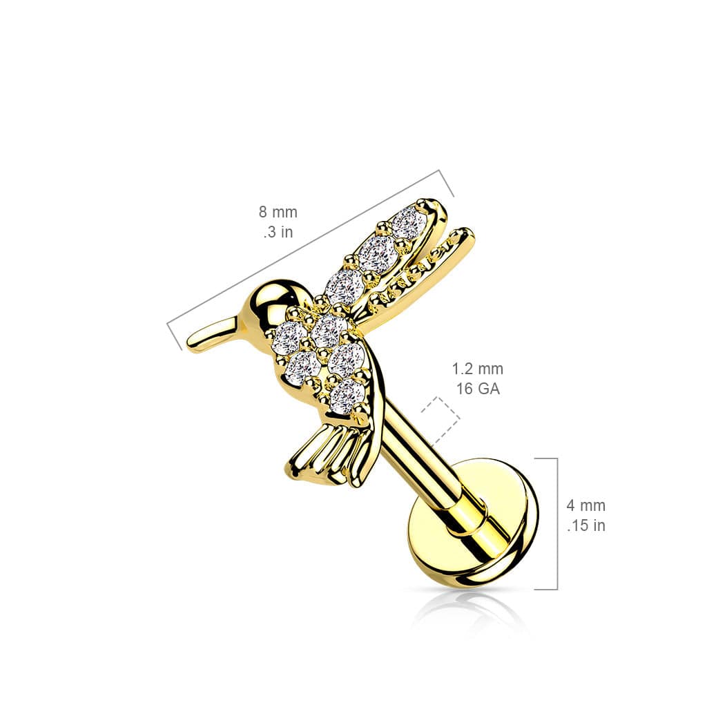 316L Surgical Steel Internally Threaded Dainty White CZ Hummingbird Labret Stud