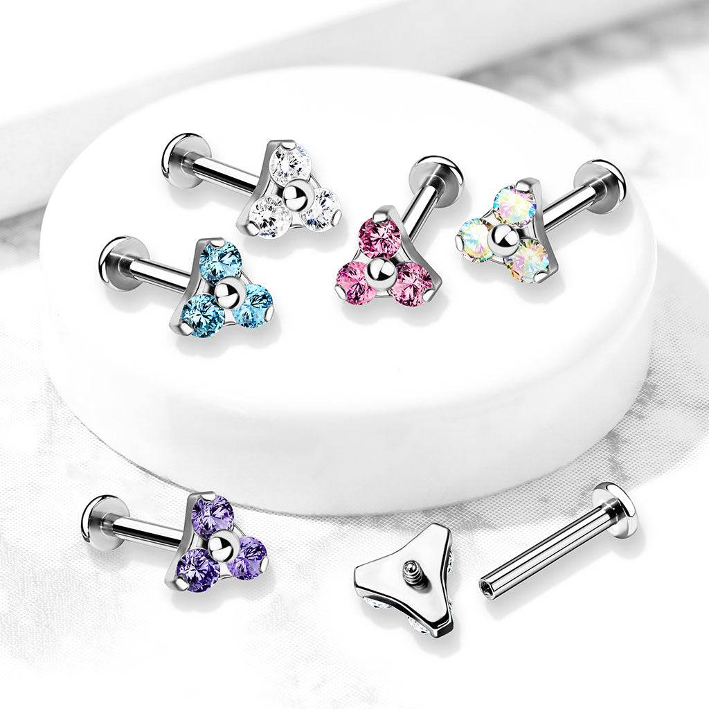 316L Surgical Steel Internally Threaded Purple Triangle CZ Labret