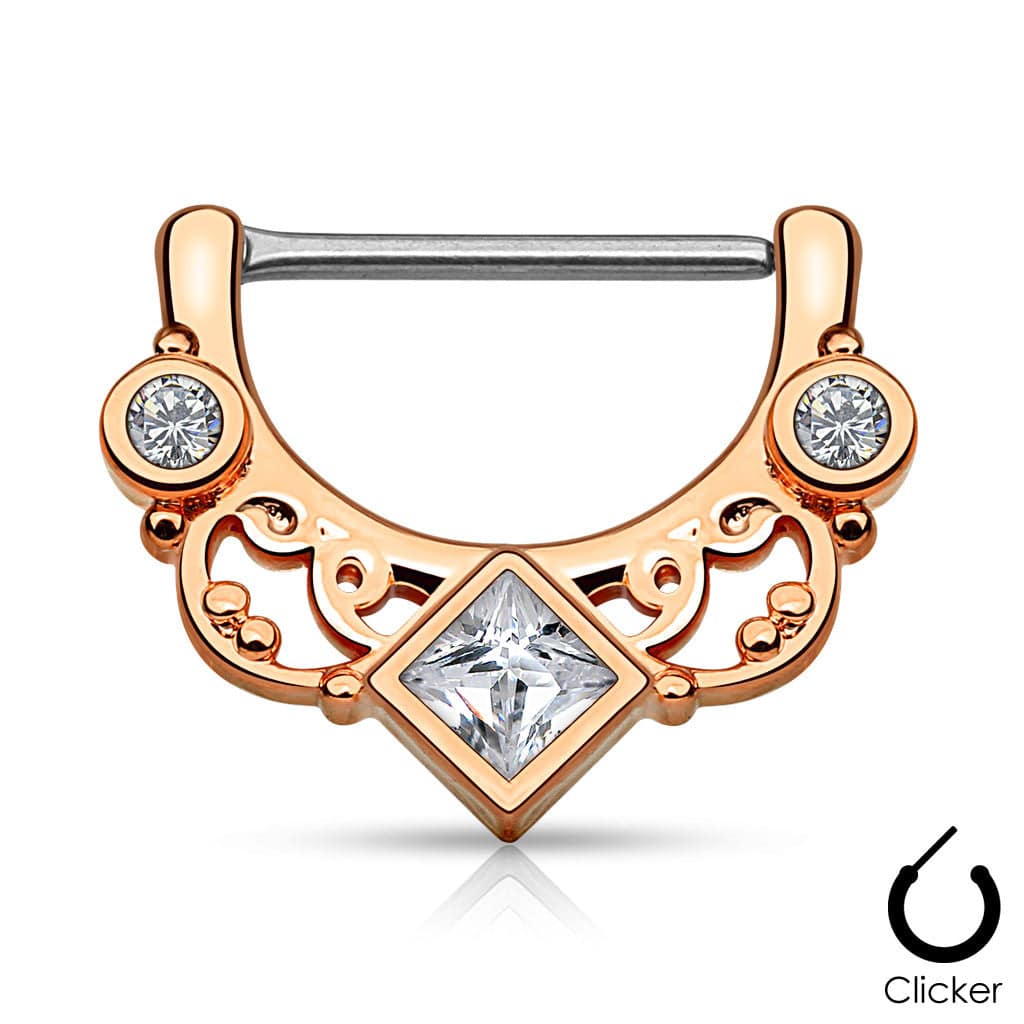 316L Surgical Steel Nipple Clicker Ring Floral White CZ Square Center Gem