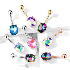 316L Surgical Steel Oval Blue AB Prong Belly Ring