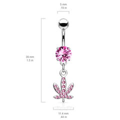 316L Surgical Steel Pink CZ Weed Leaf Dangle Belly Ring