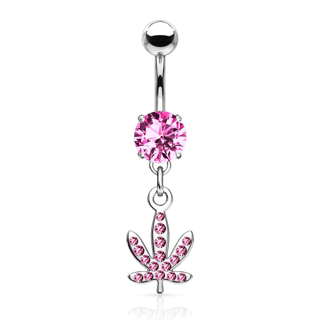 316L Surgical Steel Pink CZ Weed Leaf Dangle Belly Ring