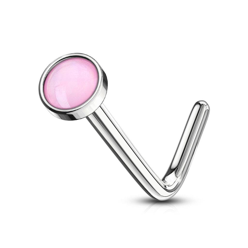 316L Surgical Steel Pink Stone L Shape Bent Nose Pin Ring