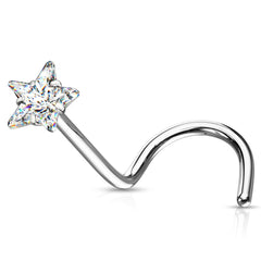 316L Surgical Steel White CZ Star Corkscrew Nose Ring Stud