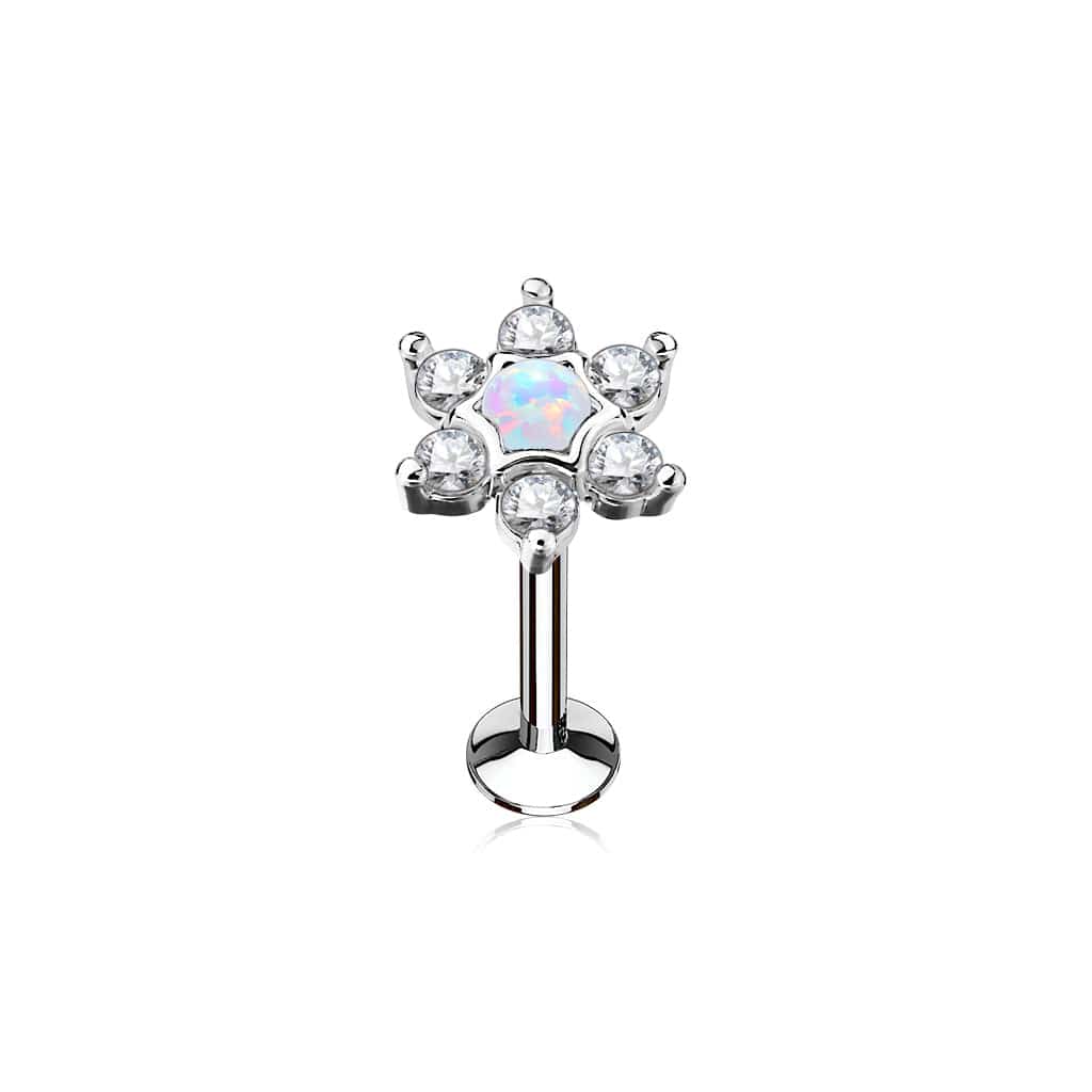 316L Surgical Steel White CZ with White Opal Flower Labret