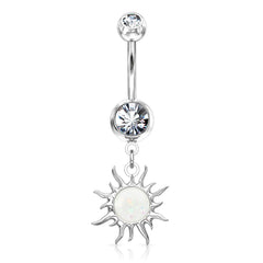 316L Surgical Steel White Glitter Opal Tribal Sun Belly Button Ring