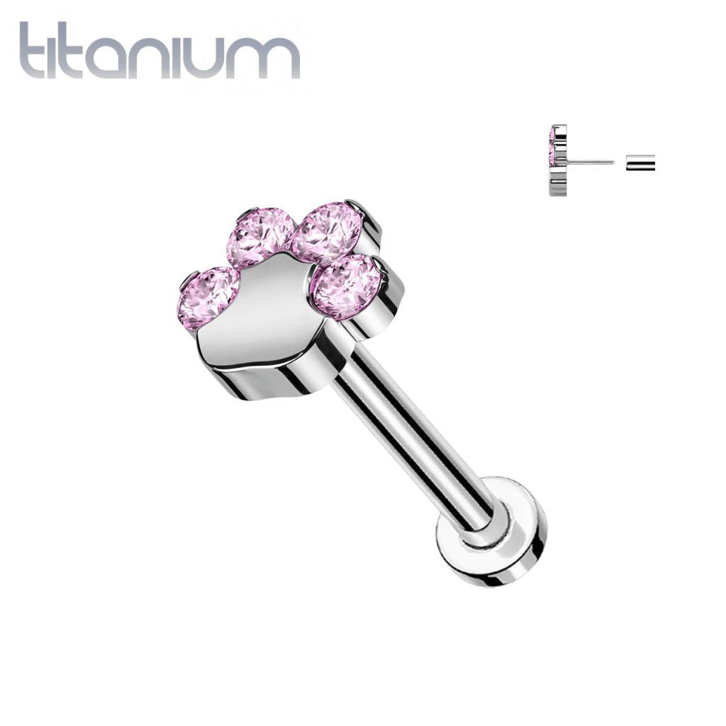 Implant Grade Titanium Paw Print Pink CZ Threadless Push In Labret