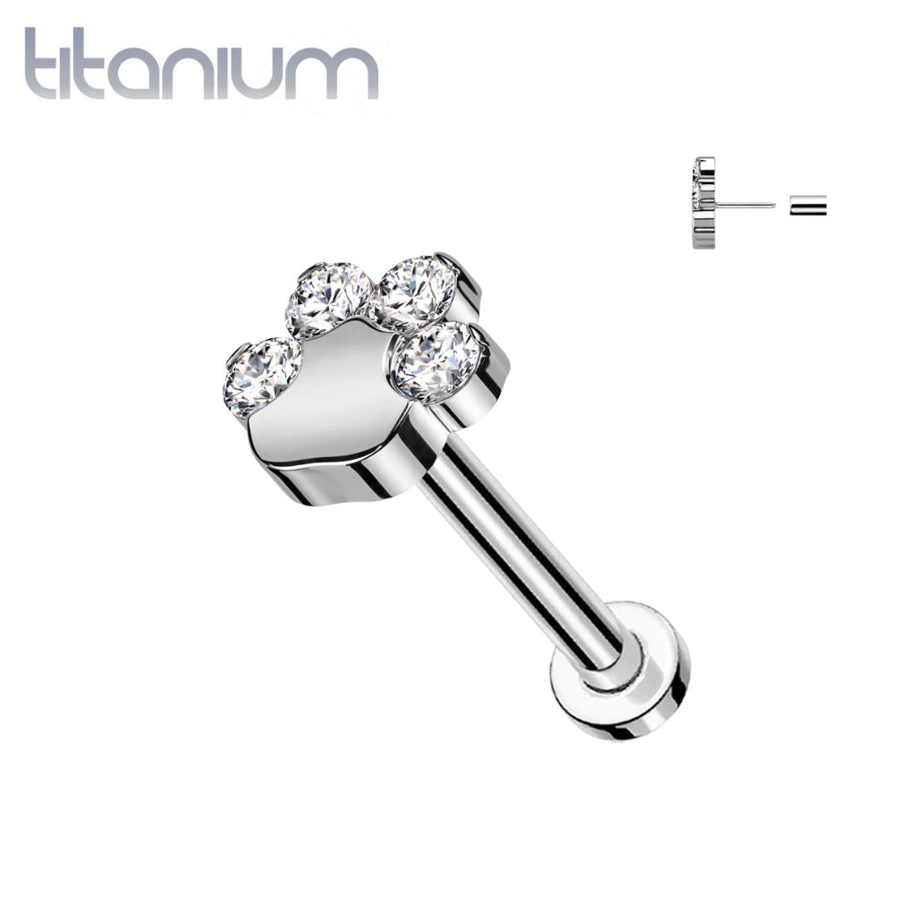 Implant Grade Titanium Paw Print White CZ Threadless Push In Labret