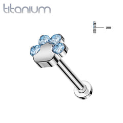 Implant Grade Titanium Paw Print Aqua CZ Threadless Push In Labret