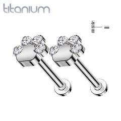 Pair of Implant Grade Titanium Paw Print White CZ Push In Earrings With Flat Back