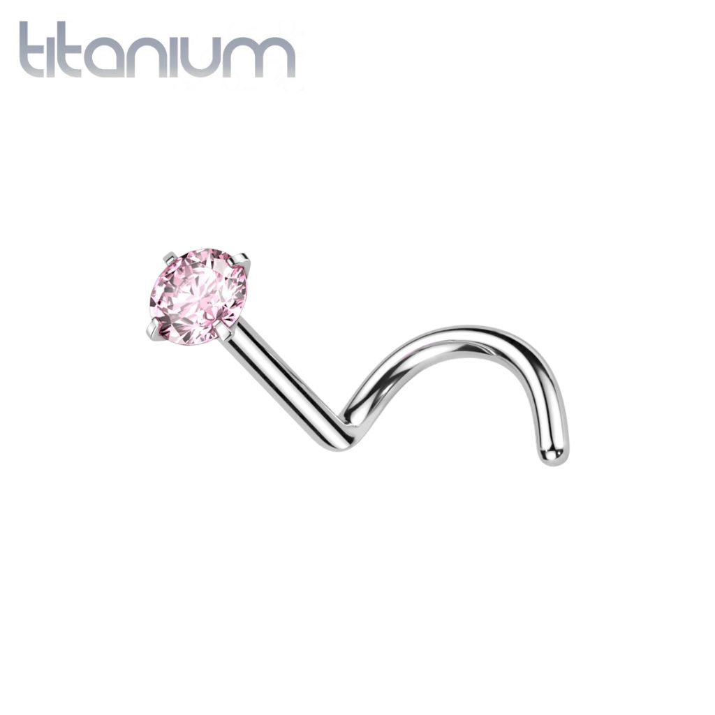 Implant Grade Titanium Corkscrew Nose Ring Stud Pink CZ With Prong