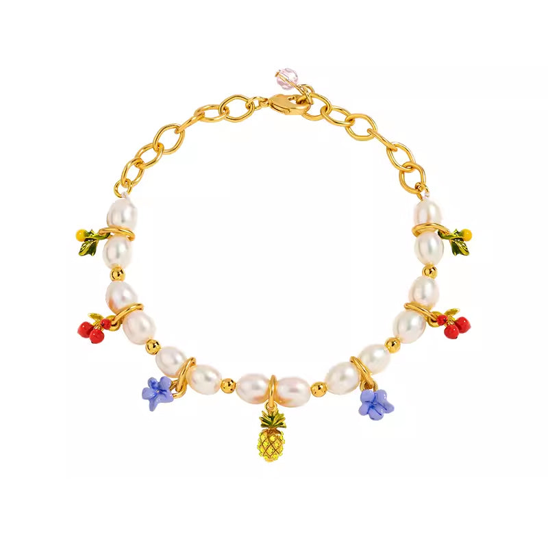 18K Flower Pearl Fruit &amp; Enamel Spirit Bracelet