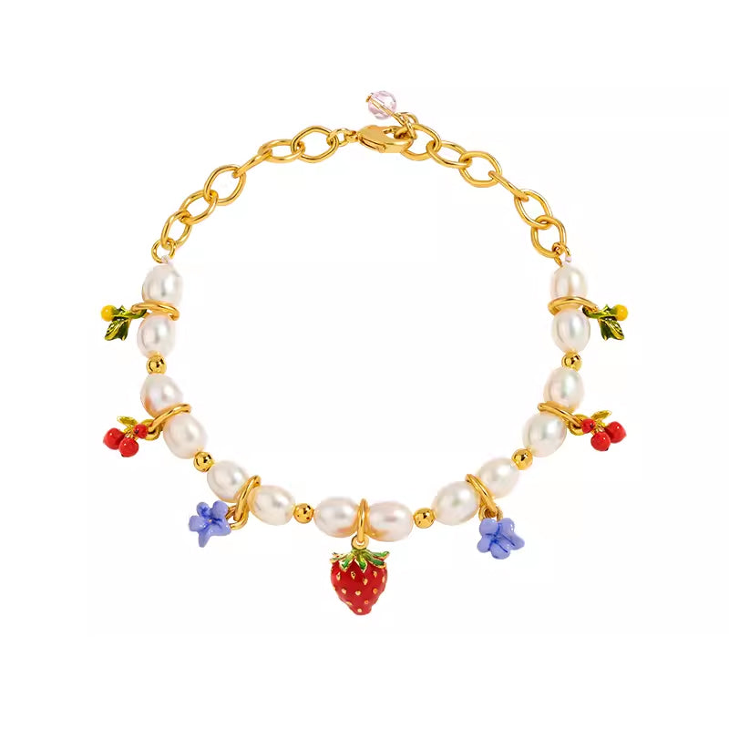 18K Flower Pearl Fruit &amp; Enamel Spirit Bracelet