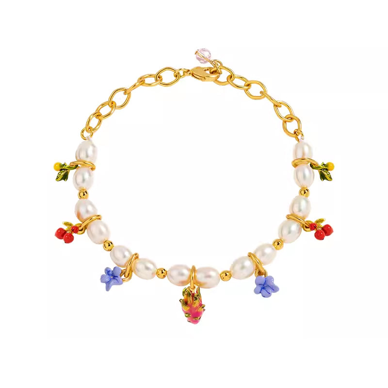 18K Flower Pearl Fruit &amp; Enamel Spirit Bracelet