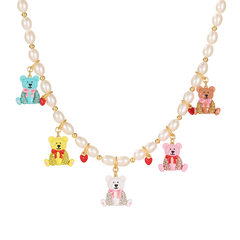 18K Pearl Multiple bears Enamel Necklace