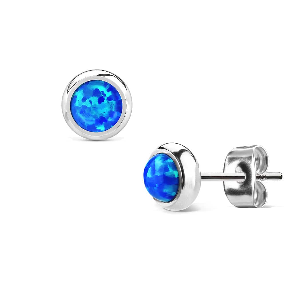 Pair of 6mm Bezel Blue Opal Surgical Steel Stud Earrings