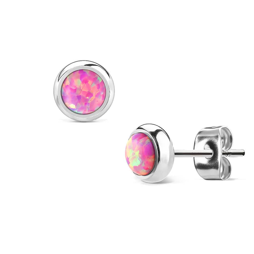 Pair of 6mm Bezel Pink Opal Surgical Steel Stud Earrings